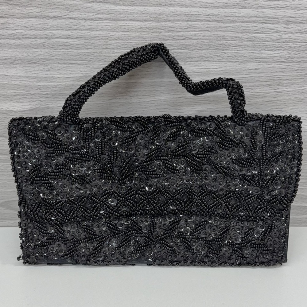 Vintage 1950s Black Beaded Sequin Evening Bag Clutch Purse Handmade Hong Kong